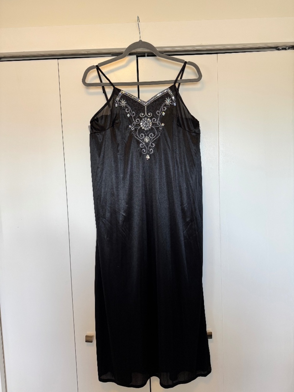 Vintage Black Satin Embroidered Iridescent Sequin Maxi Nightgown: Modern size L